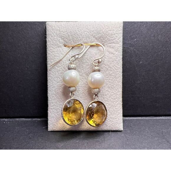 Citrine and pearl sterling silver dangle earrings - Picture 8 of 16